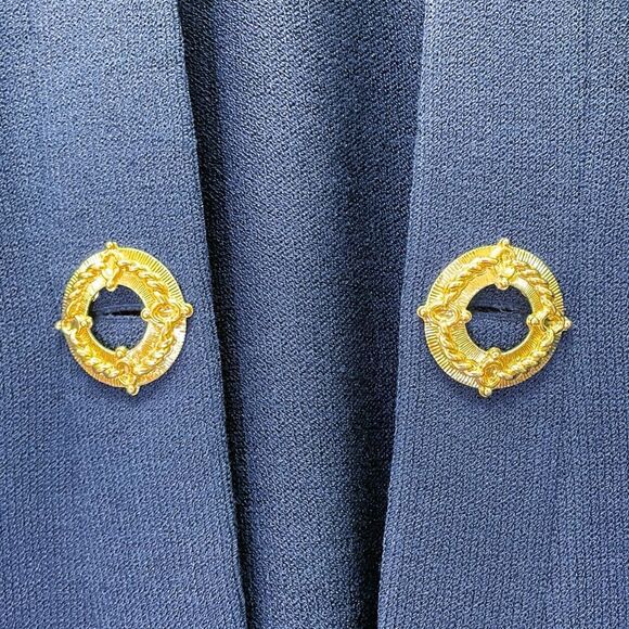 St. John Collection Santana Knit Longline Jacket Blazer Navy Gold Buttons Size 2 - Picture 7 of 12
